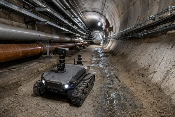 Inspection robot operating in a dusty utility tunnel with its battery enclosure closed