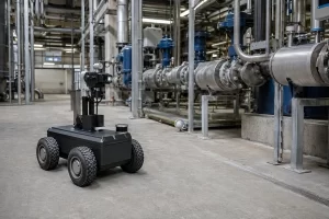 Industrial inspection robot operating in a processing facility with its battery compartment closed