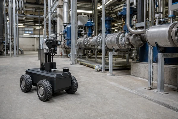 Industrial inspection robot operating in a processing facility with its battery compartment closed