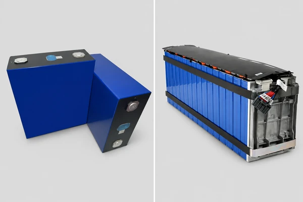 Separate LONGSING examples of LiFePO4 prismatic cells and a custom prismatic battery pack
