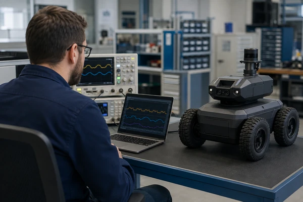 Engineer validating communication among an inspection robot battery system, controller and charger