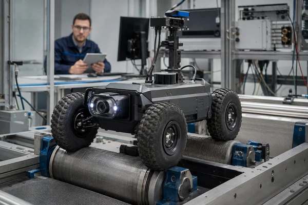 Inspection robot test bench representing simultaneous traction, sensing, computing and communication loads