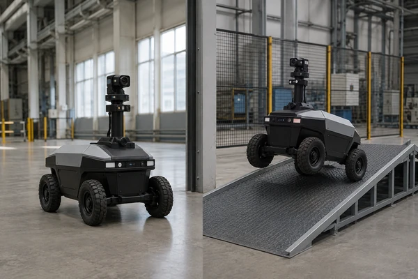 Inspection robot on level ground and a test ramp illustrating mission energy and peak power requirements