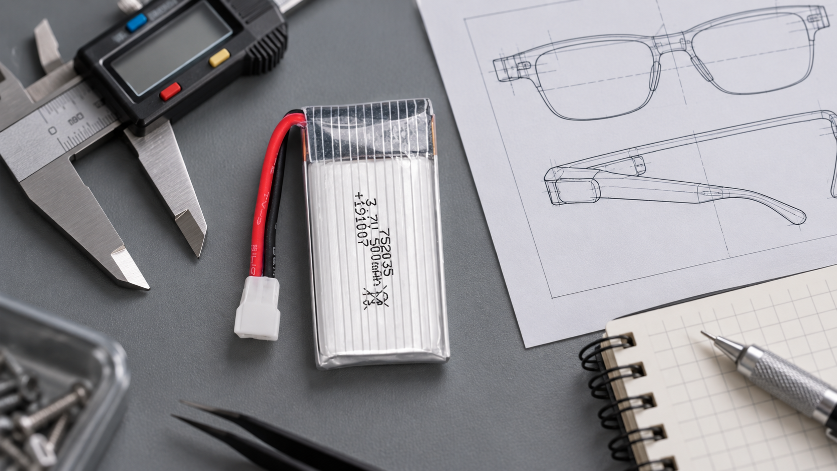 LONGSING 752035 3.7V 500mAh LiPo battery shown as a candidate format for wearable product evaluation