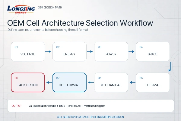 OEM workflow from voltage, energy, power and installation space to cell format and custom battery pack design