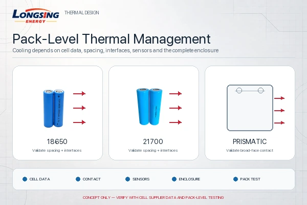 Pack-level thermal design review for official LONGSING cylindrical cell photos and a clearly labelled prismatic schematic