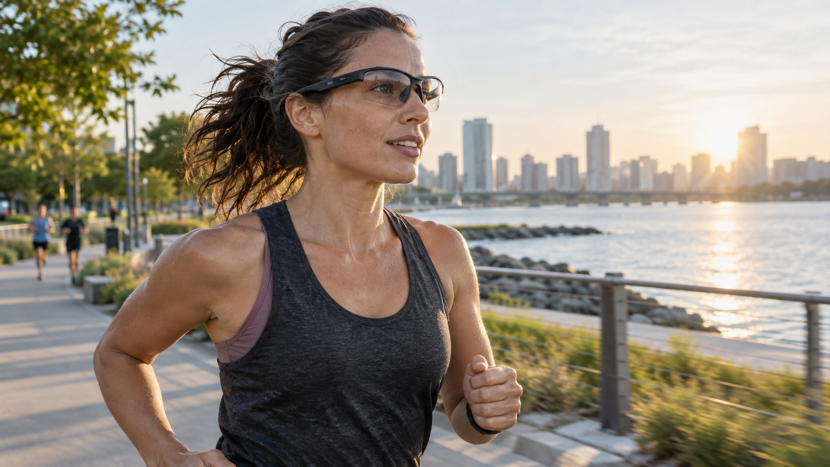 Runner using smart glasses during an outdoor workout beside an urban waterfront