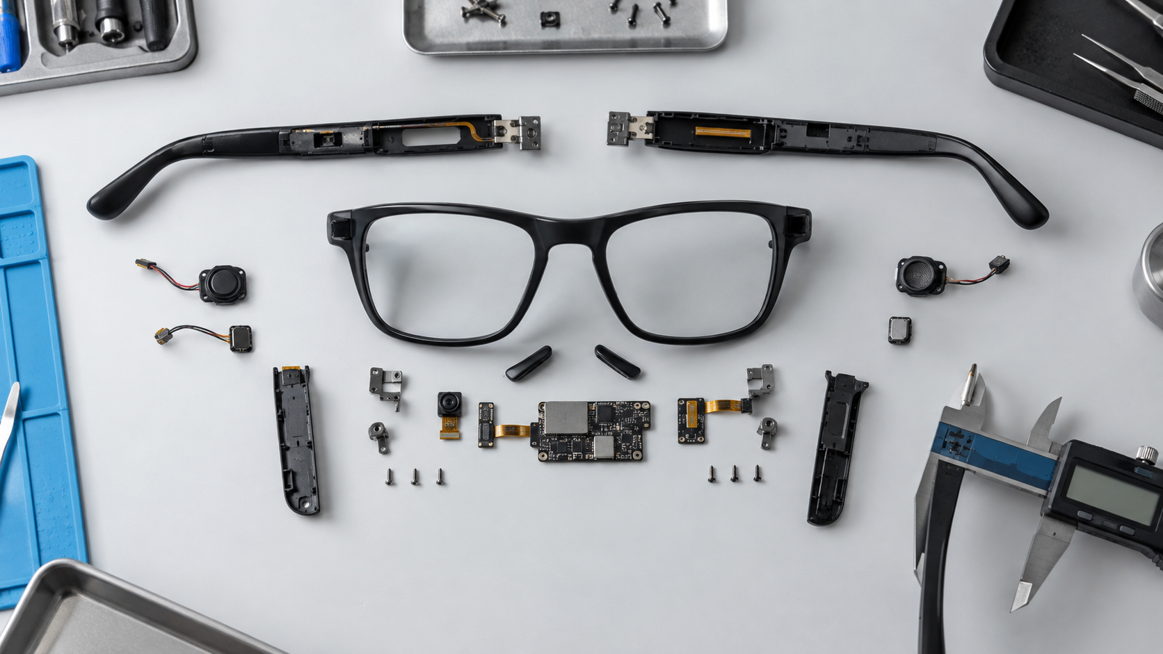 Disassembled smart glasses components showing limited space for battery integration