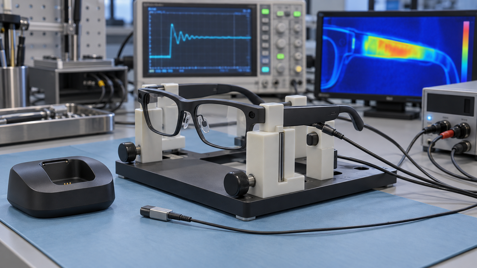 Smart glasses undergoing peak-power charging and thermal validation in an electronics laboratory