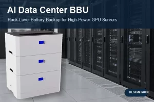 LONGSING 48V stackable energy storage battery shown beside server racks for an AI data center BBU design guide