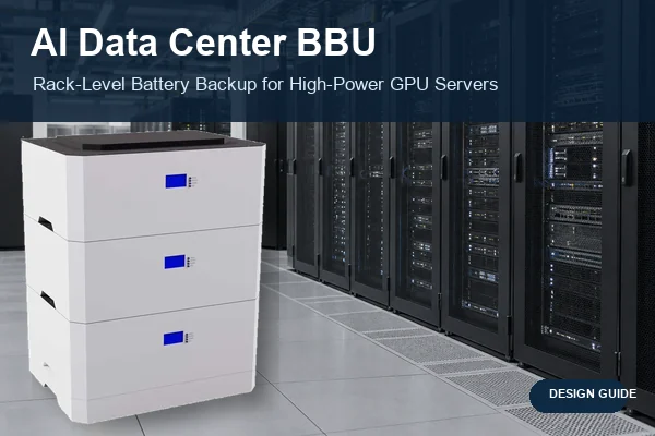 LONGSING 48V stackable energy storage battery shown beside server racks for an AI data center BBU design guide