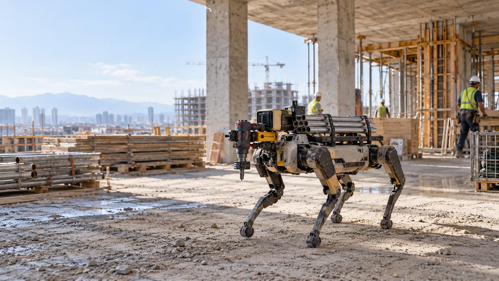 Construction robot operating with a powered tool on a real jobsite