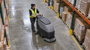High-angle view of a floor scrubber operating during a scheduled warehouse cleaning shift