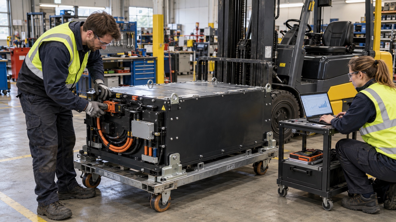 Engineers inspecting a heavy-duty electric forklift lithium battery pack