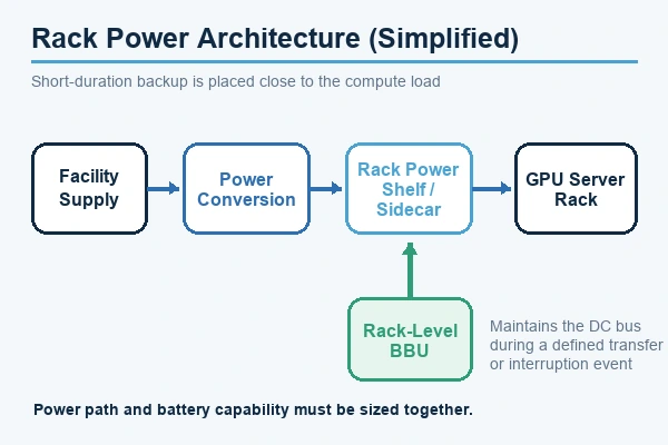 Simplified rack power architecture showing facility supply, power conversion, rack power shelf, rack-level BBU and GPU server rack