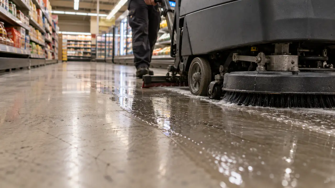 Floor-level view of a walk-behind floor scrubber cleaning a supermarket aisle