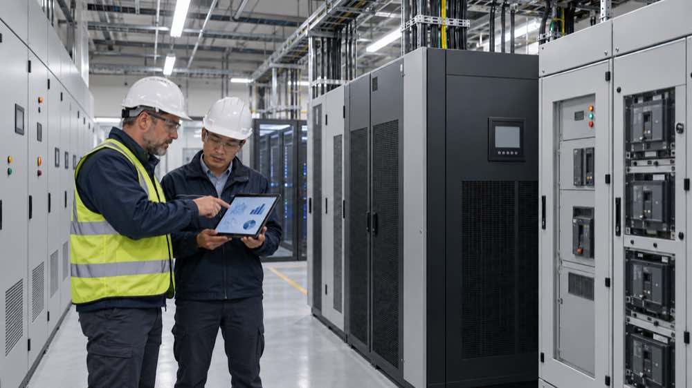 Engineers reviewing UPS equipment in a data center electrical room