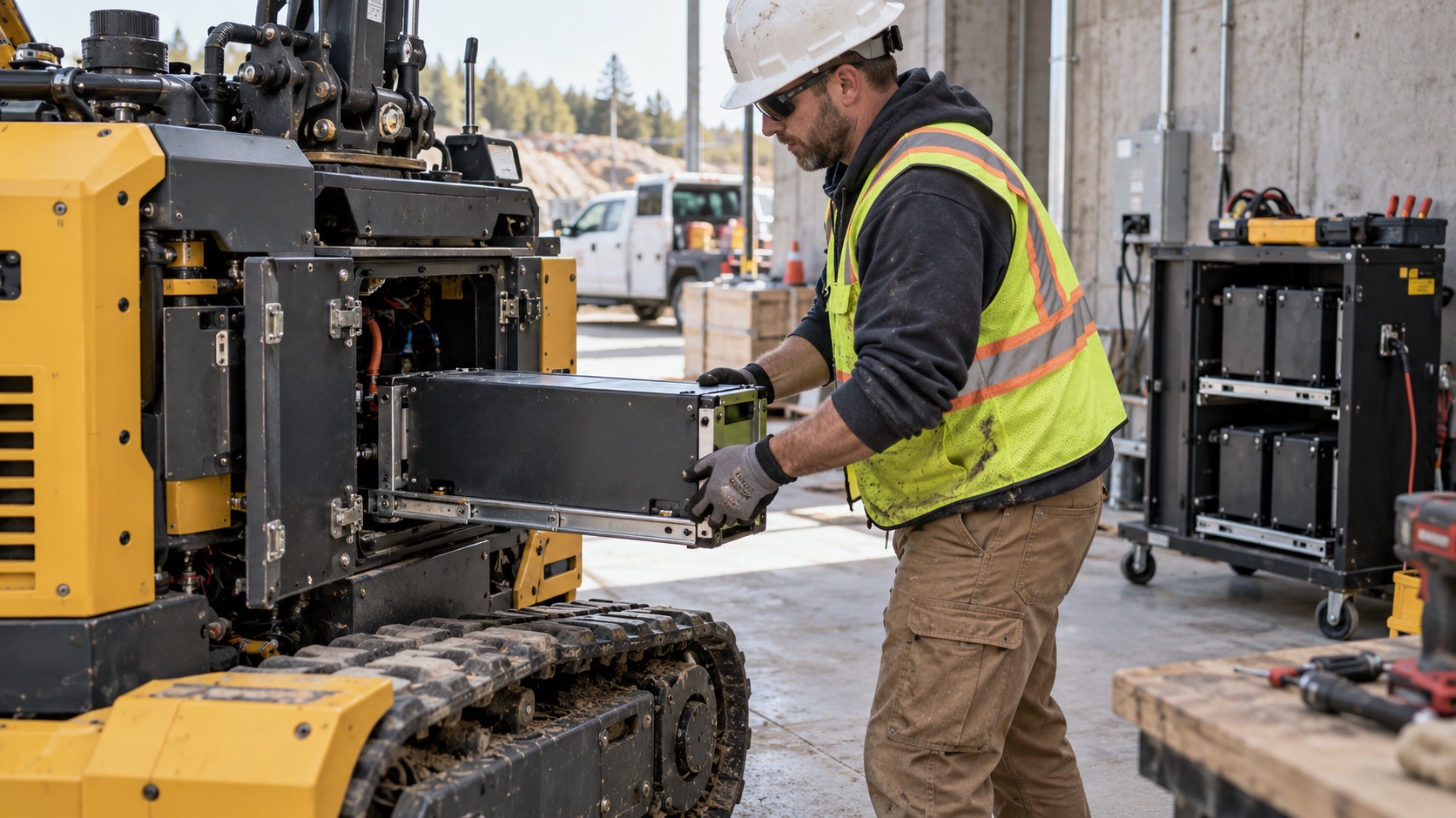 Technician replacing a removable battery module on a construction robot
