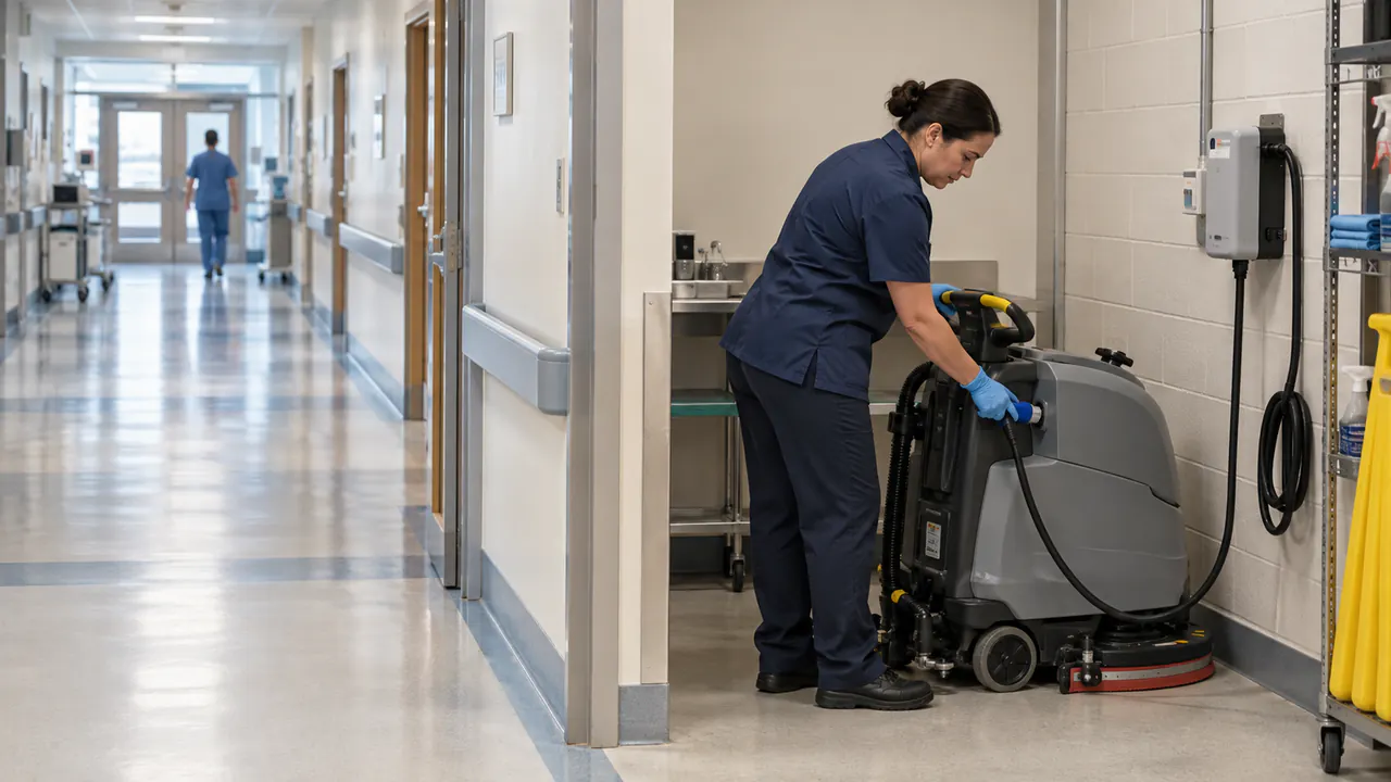 Floor scrubber lithium battery opportunity charging during a hospital cleaning break