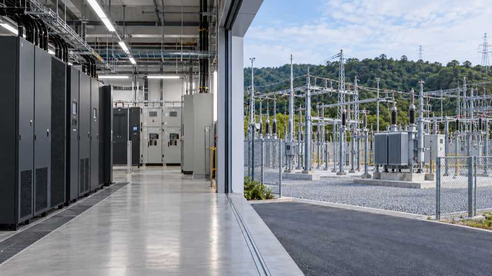 Data center UPS infrastructure beside utility substation equipment