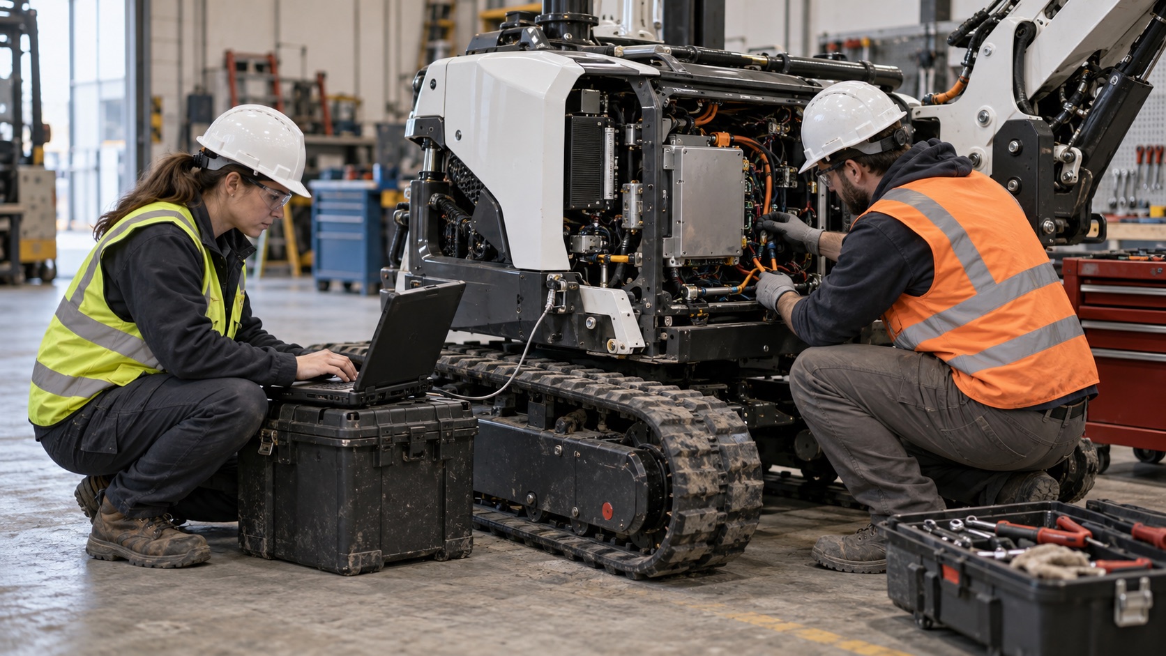 Technicians performing BMS diagnostics on a construction robot