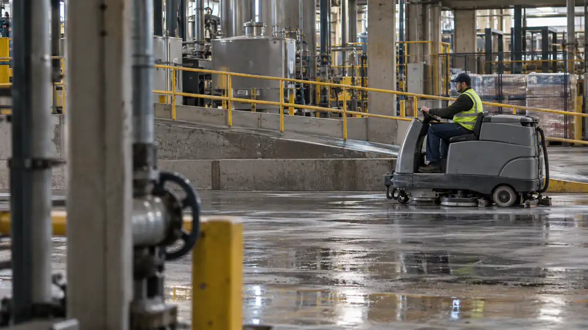 Side-profile view of an industrial floor scrubber working near a wet access ramp