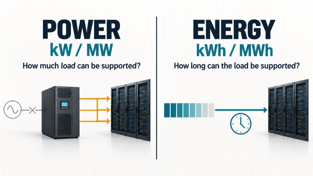 Power in kW or MW compared with energy in kWh or MWh