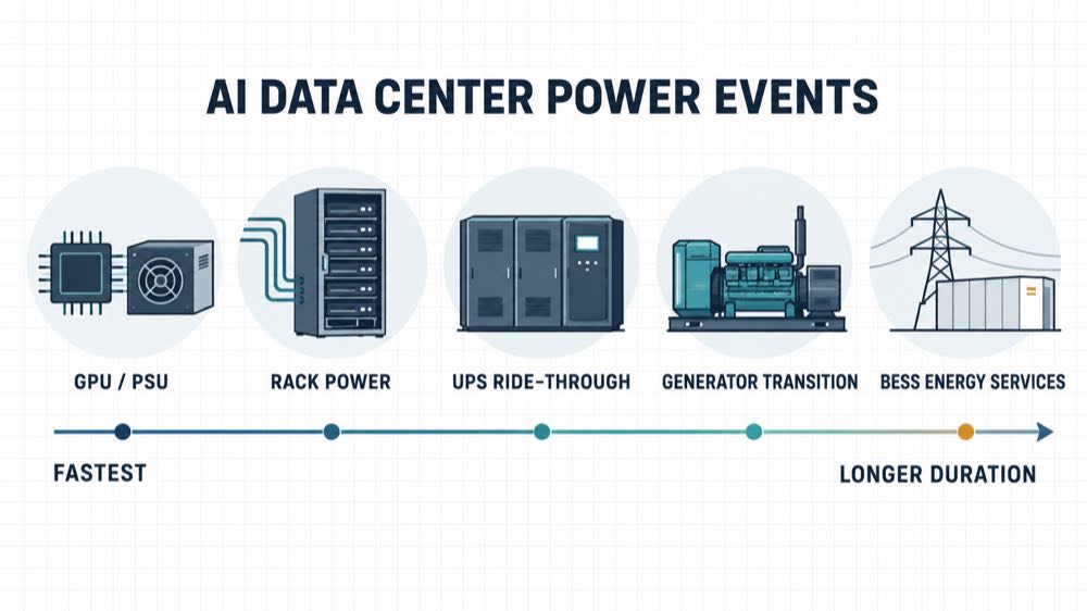 AI data center power events from GPU transients to BESS energy services