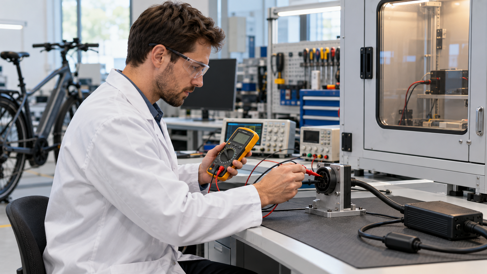 Engineer testing e-bike charger compatibility on a laboratory bench
