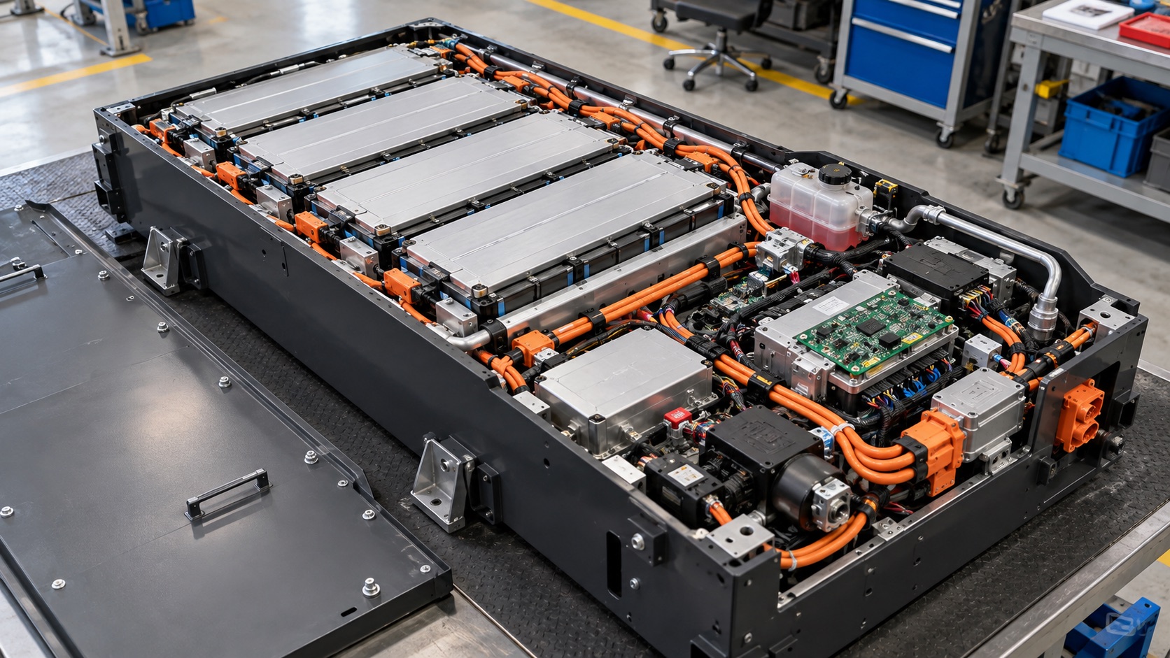 Internal architecture of a heavy-duty lithium forklift battery pack with prismatic modules and BMS