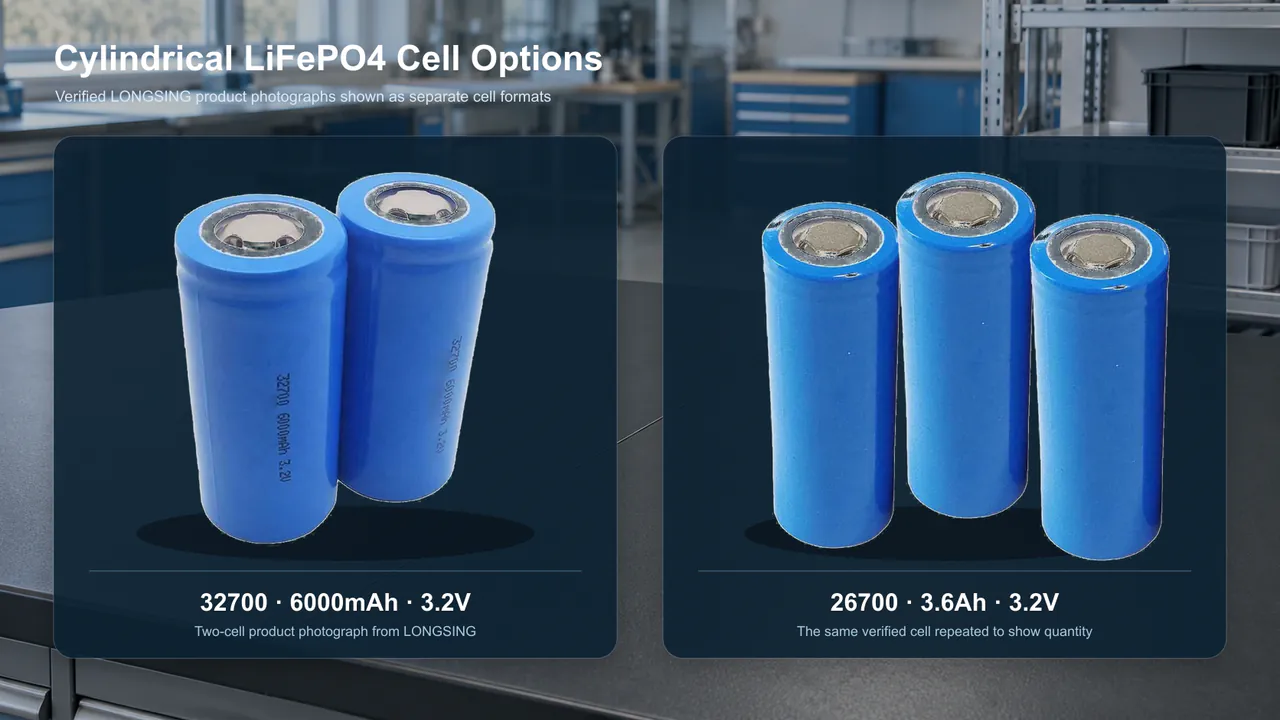 LONGSING 32700 and 26700 cylindrical LiFePO4 cell options
