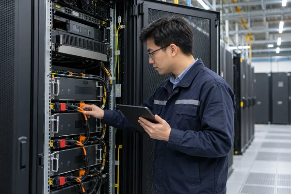 Data center engineer reviewing rack power connectors and battery module integration