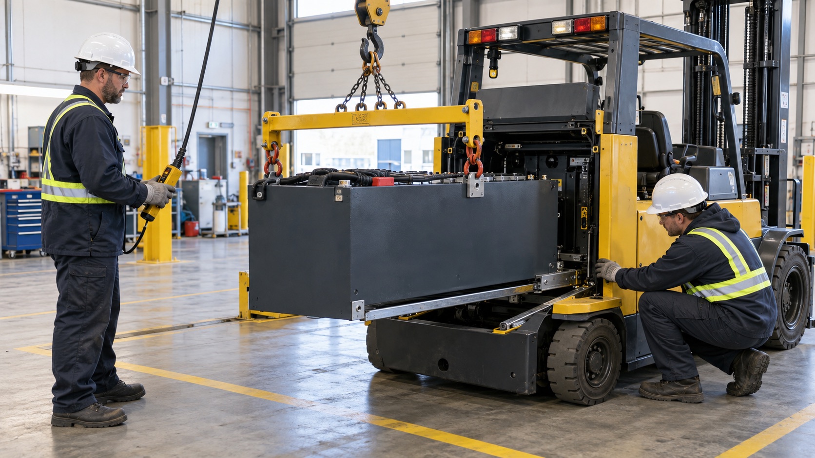 Technicians installing a heavy forklift battery pack using a rated lifting beam