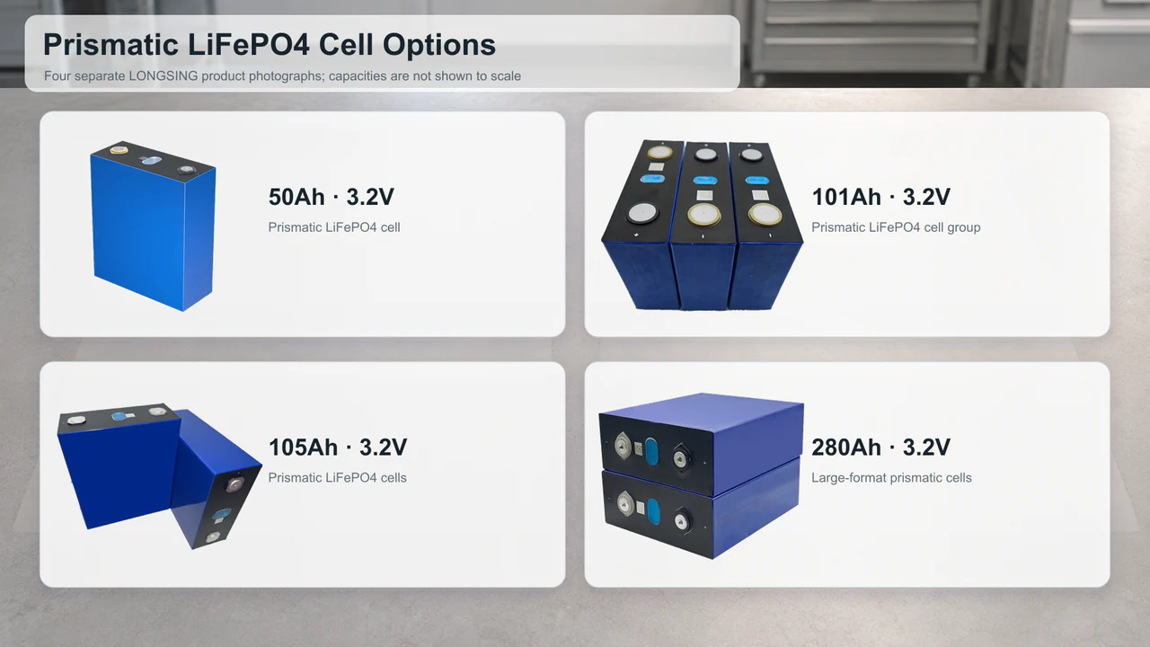 LONGSING 50Ah, 101Ah, 105Ah and 280Ah prismatic LiFePO4 cell options
